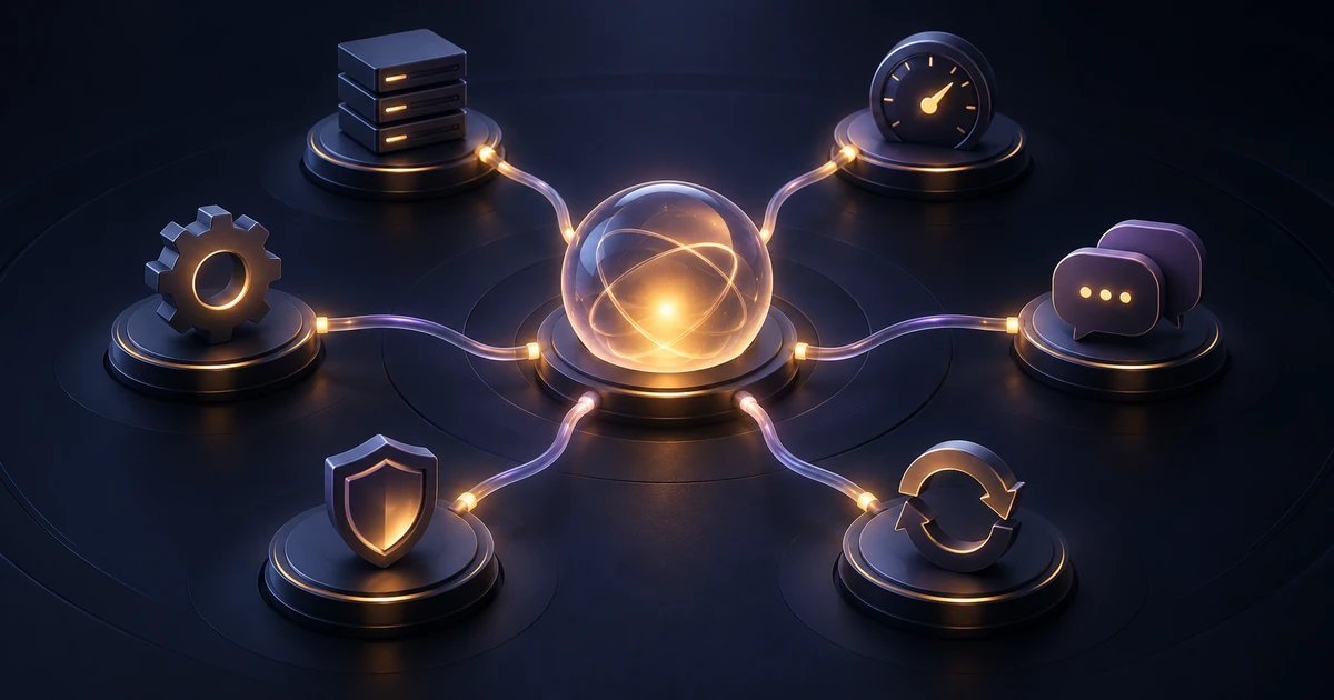 A software service promise connects to hosting, monitoring, maintenance, support, security, and recovery responsibilities.