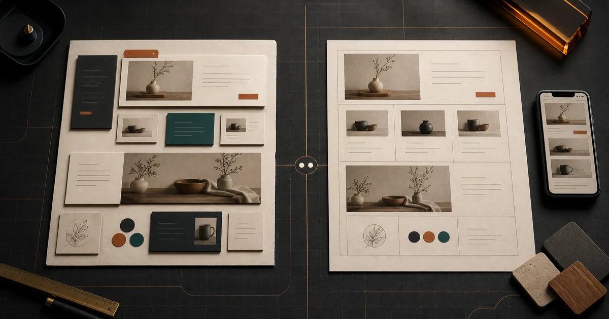 Two website layouts compare modular building blocks with a fixed template grid.