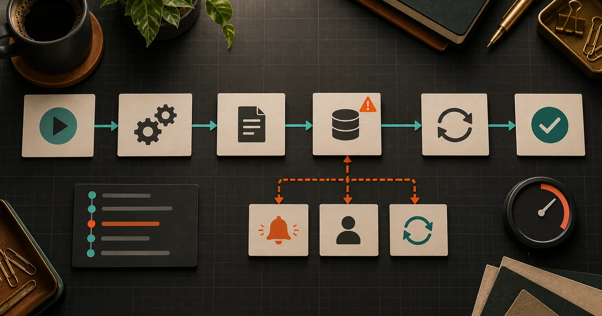 A business workflow branches from a failed automation step to an alert, a named owner, a safe retry, and verified recovery.