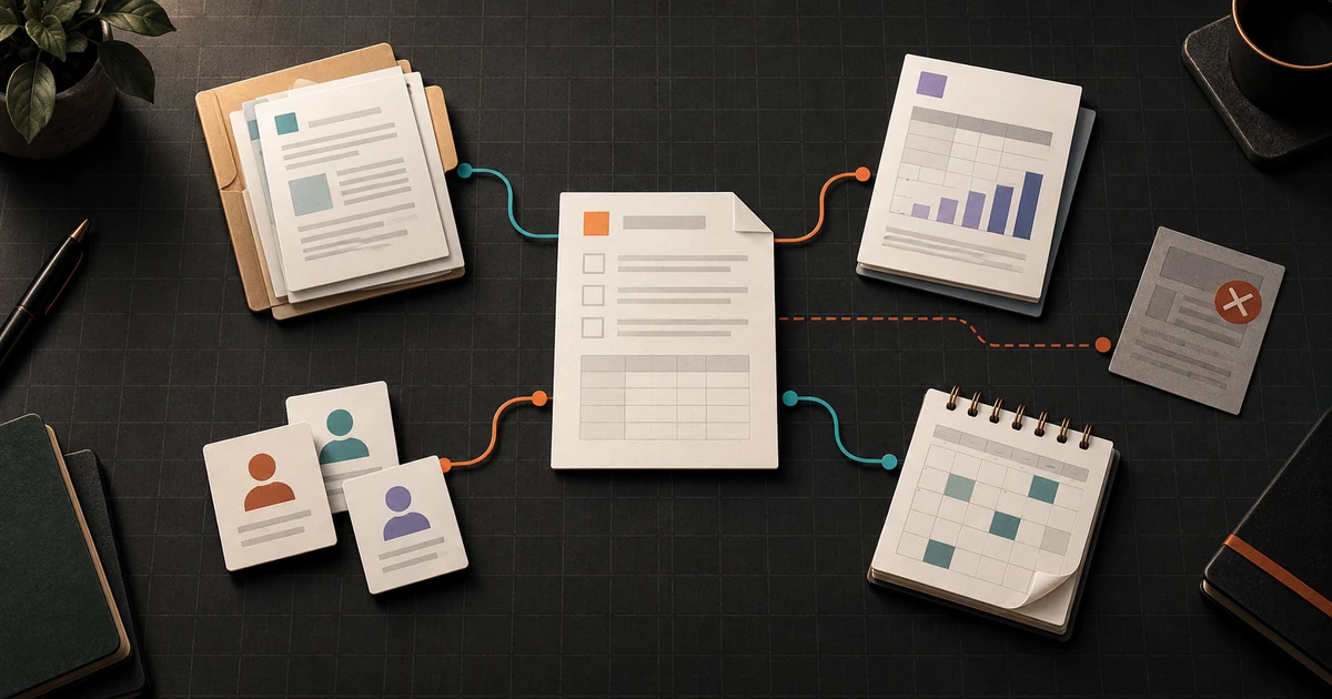 A business workflow connects required inputs, an editable template, review steps, and usable final outputs.
