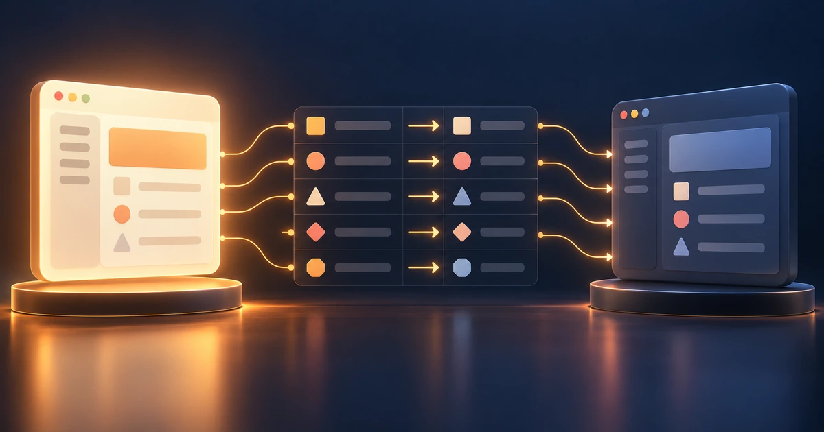 Two business tools connected through a matrix that assigns field ownership, sync direction, matching rules, and data boundaries.