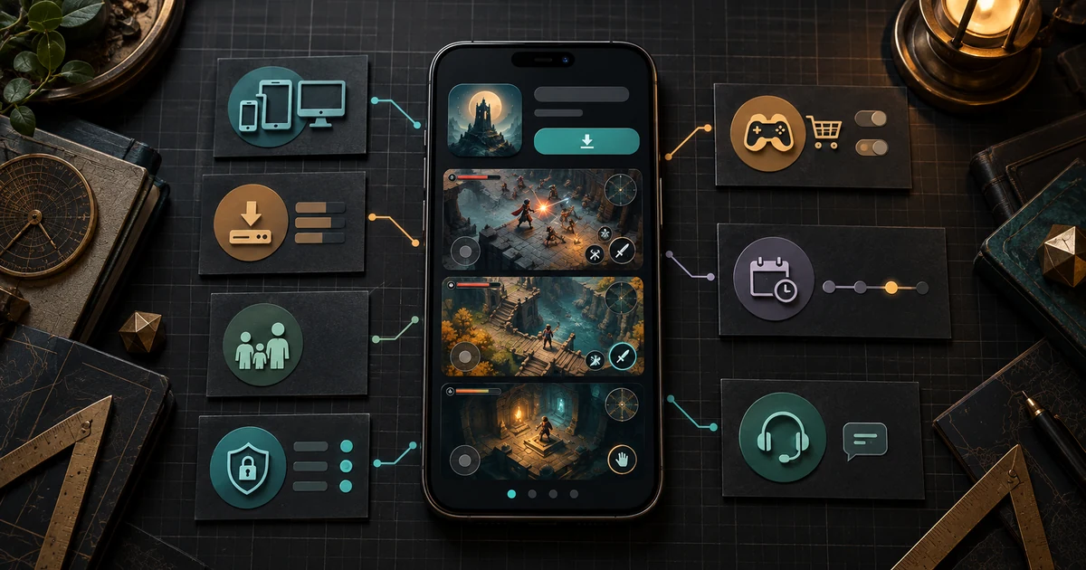 A mobile game store page organizes real gameplay screenshots, monetization notes, device support, age rating, privacy details, and update status.