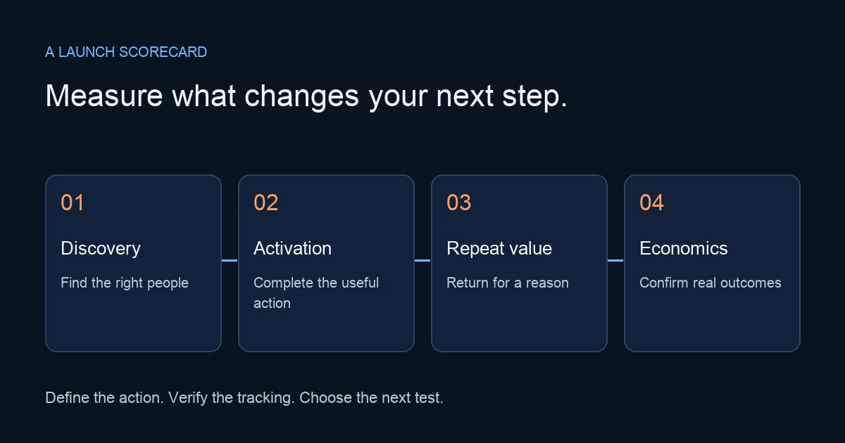 A four-part launch scorecard: discovery, activation, repeat value, and economics.