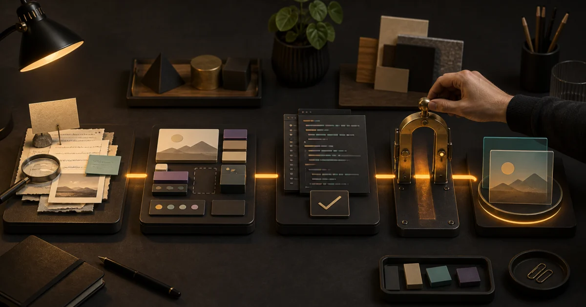 A human-controlled studio workflow moving from research through design and code to a final quality checkpoint.
