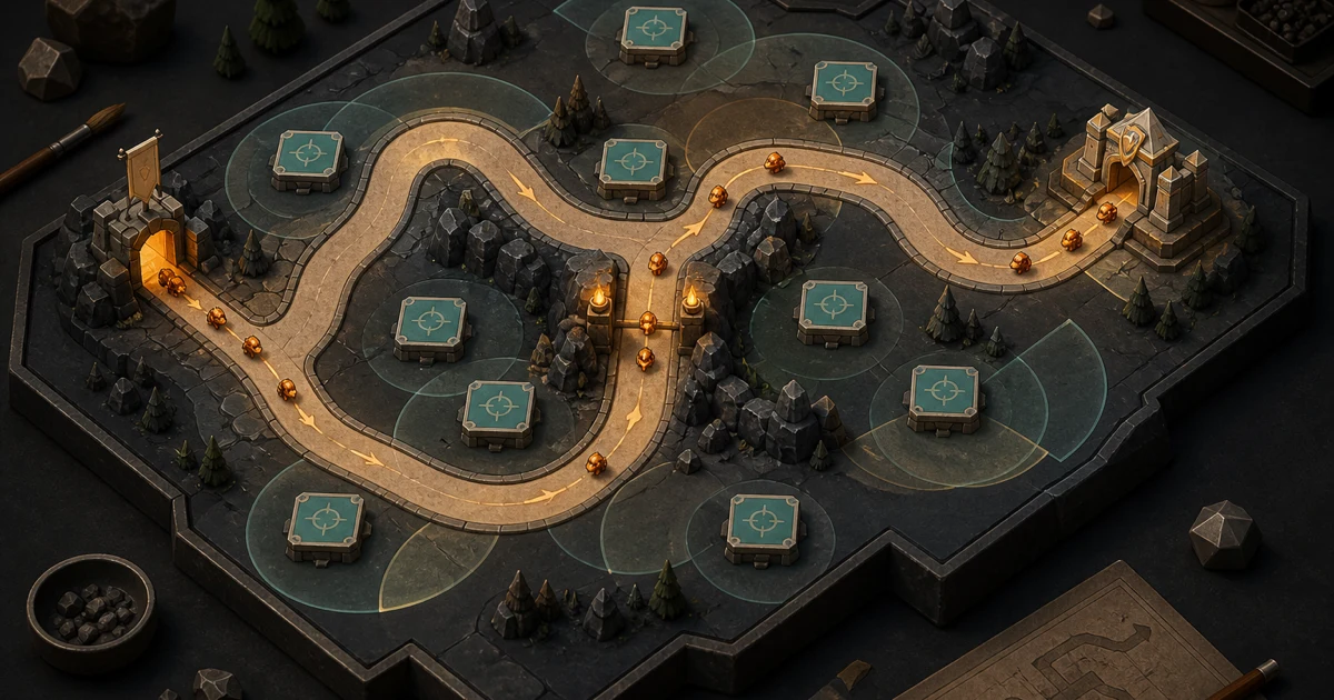 An isometric tower defense map uses clear lanes, build zones, and enemy markers to show the route at a glance.