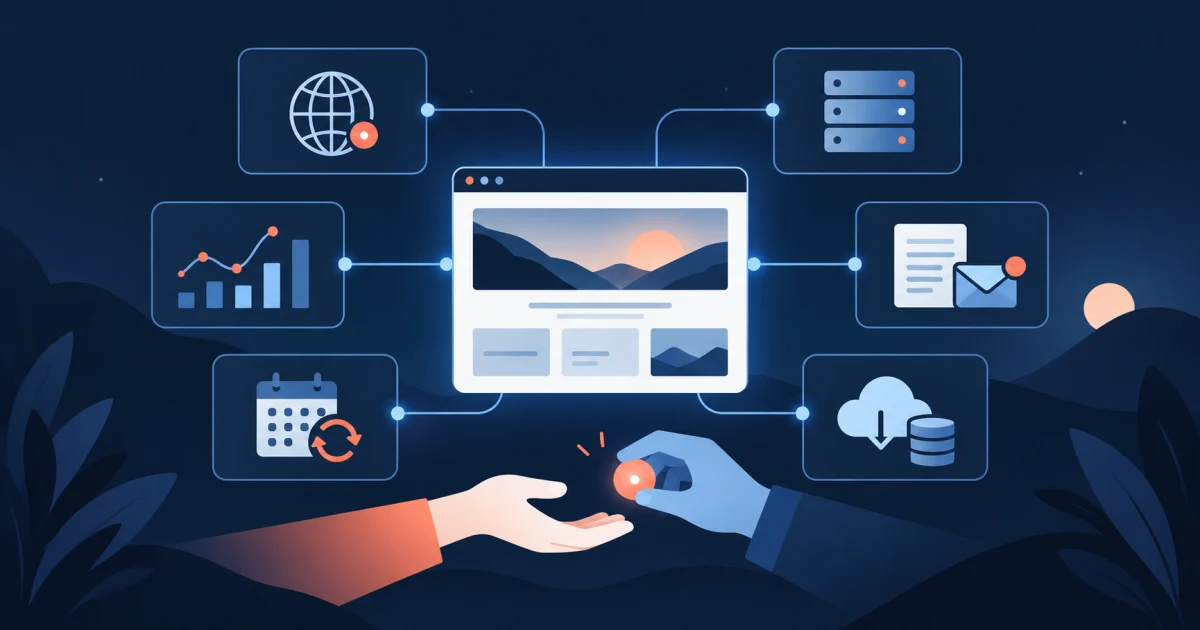 A website hub connects domain, hosting, analytics, communications, renewals, and backups while control passes between two operators.