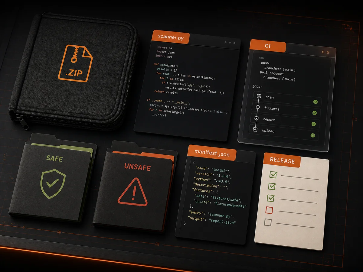 Exploded view of the kit showing the scanner, CI workflow, safe and unsafe fixtures, manifest, and release checklist