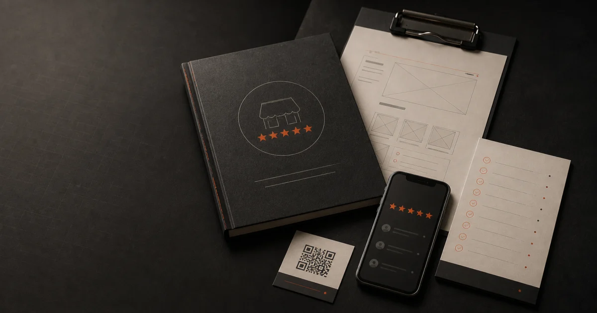 A field guide, service-page worksheet, review interface, QR card, and implementation checklist arranged as a practical local-business toolkit