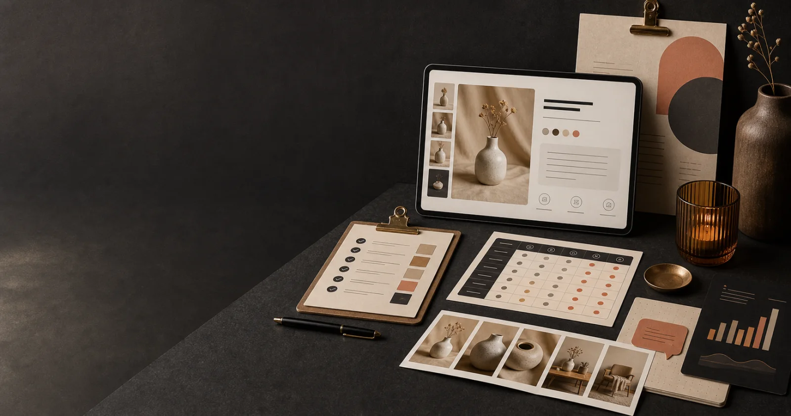 A structured marketplace listing workflow connecting product evidence to copy, images, quality checks, and measurement.