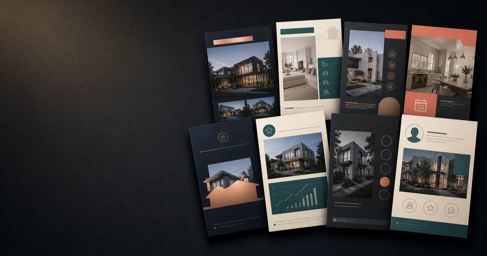 A real-estate social content workflow connecting approved facts and image rights to design, review, publication, expiry, and measurement.