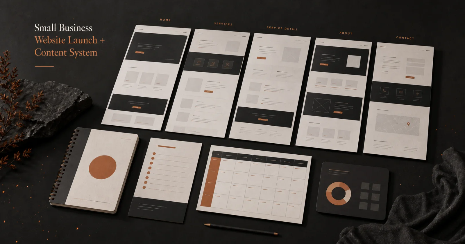 A five-page small-business website launch workflow connecting source facts, content, quality checks, analytics, and maintenance.