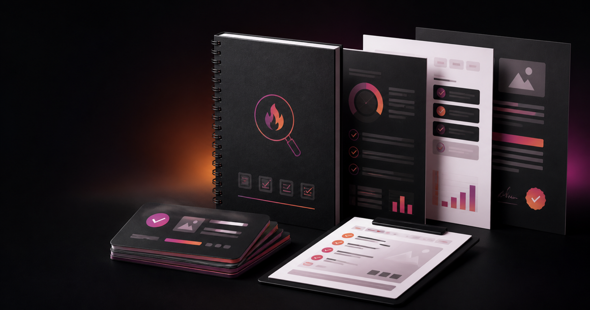 Website audit workbook, client report, evidence cards, and proposal documents arranged as a professional digital toolkit