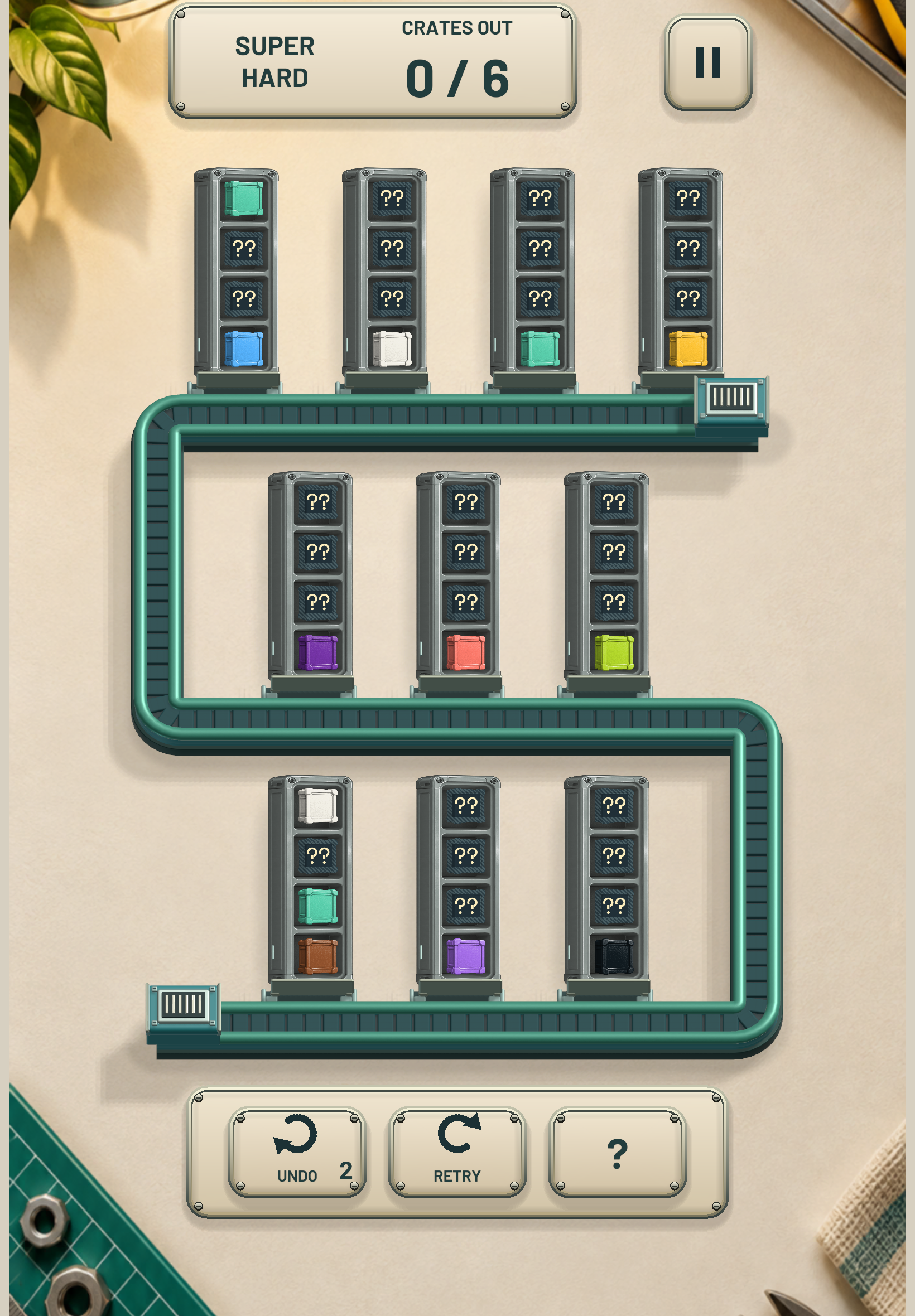 Robot Sort puzzle showing colored and hidden parts in crates around a winding green conveyor