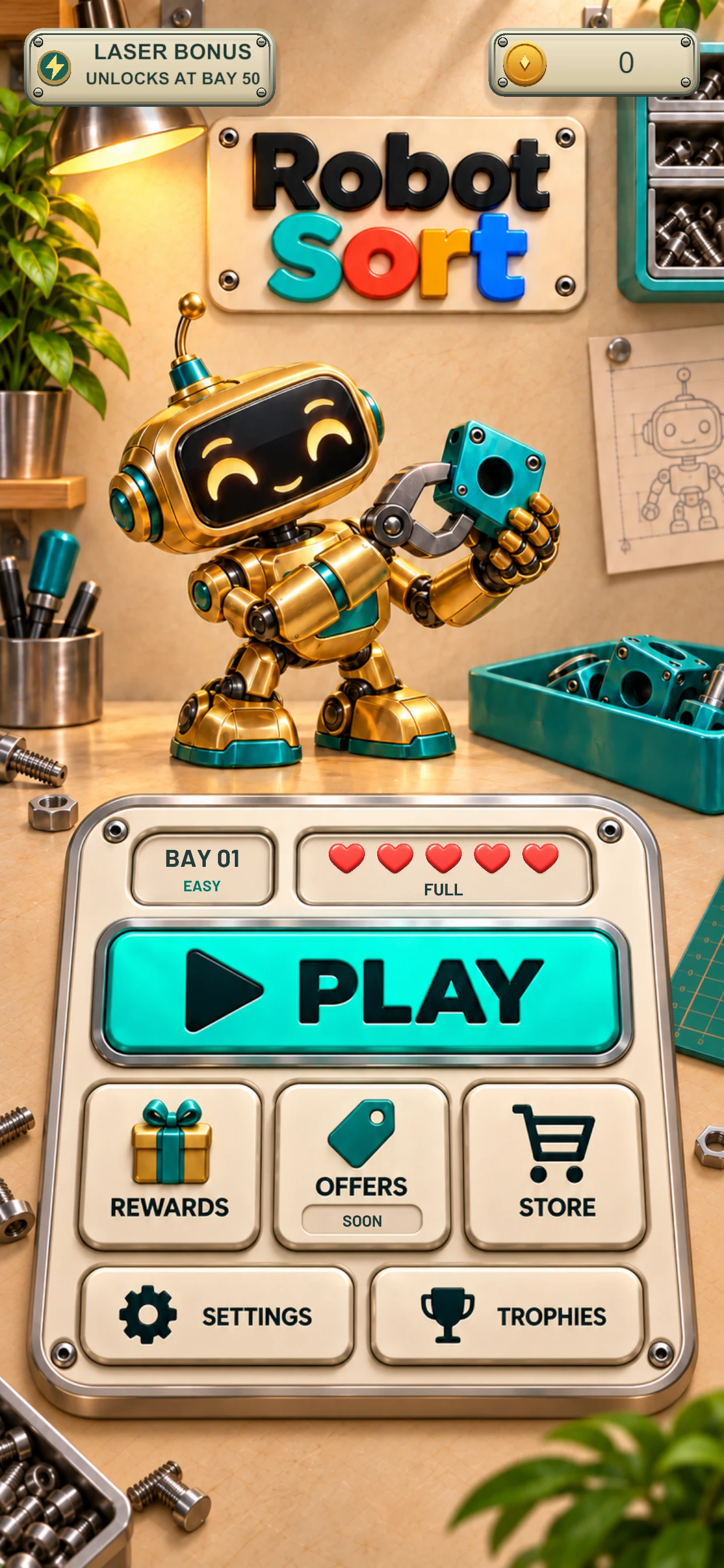 Robot Sort home screen with the workshop robot and play controls