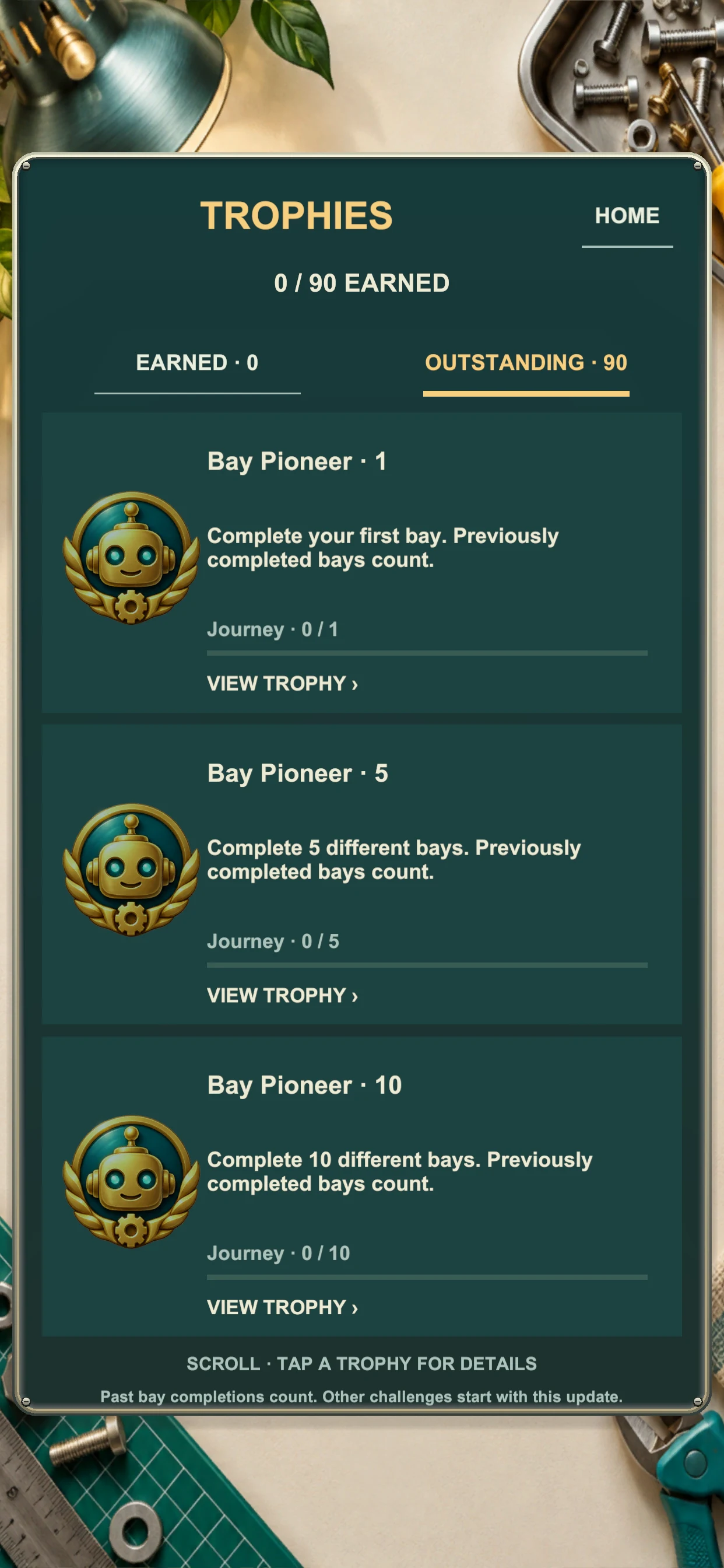 Robot Sort trophy collection screen with workshop achievements
