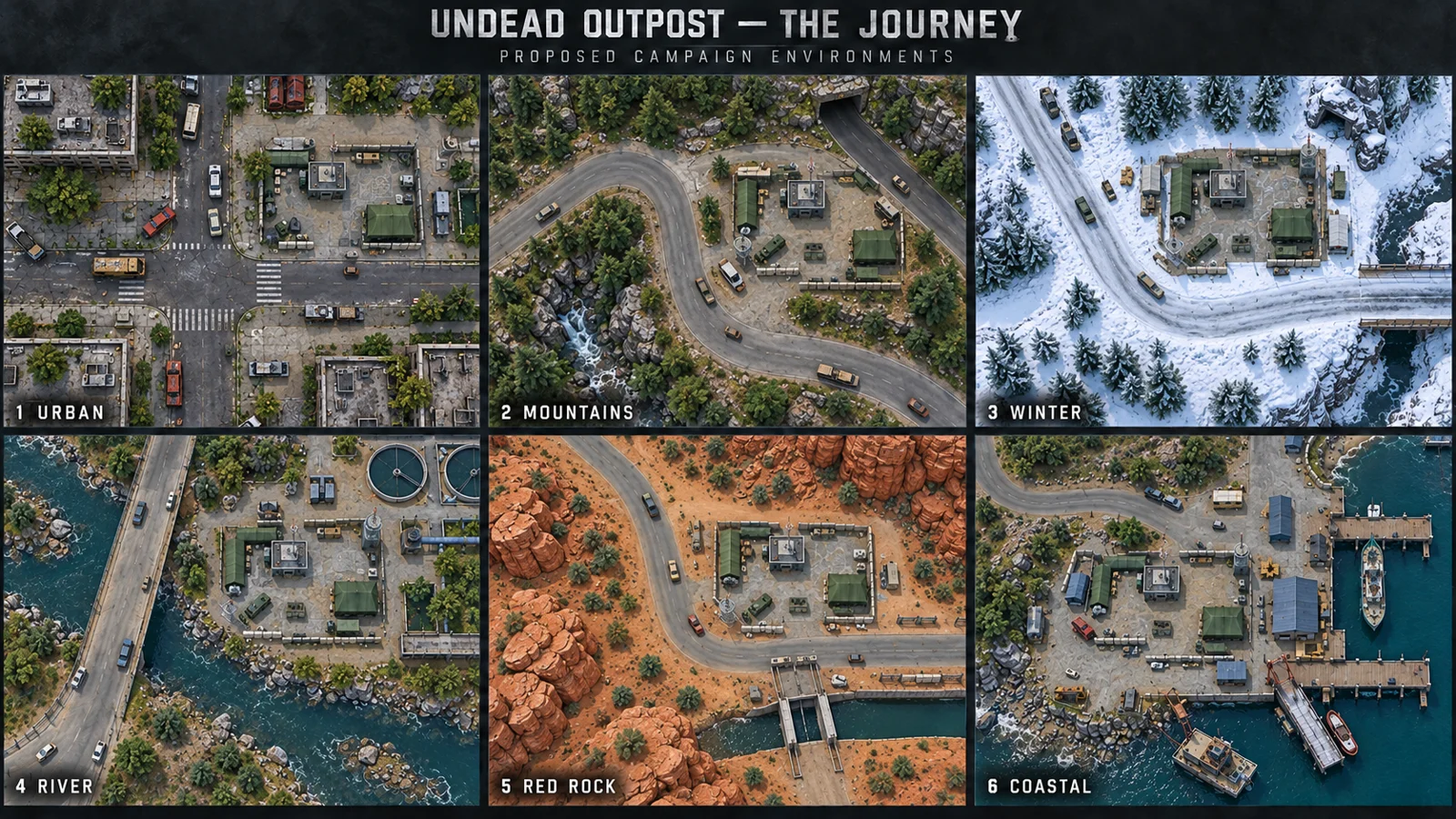 Campaign environment concepts spanning urban streets, mountains, winter, a river basin, arid terrain and the coast