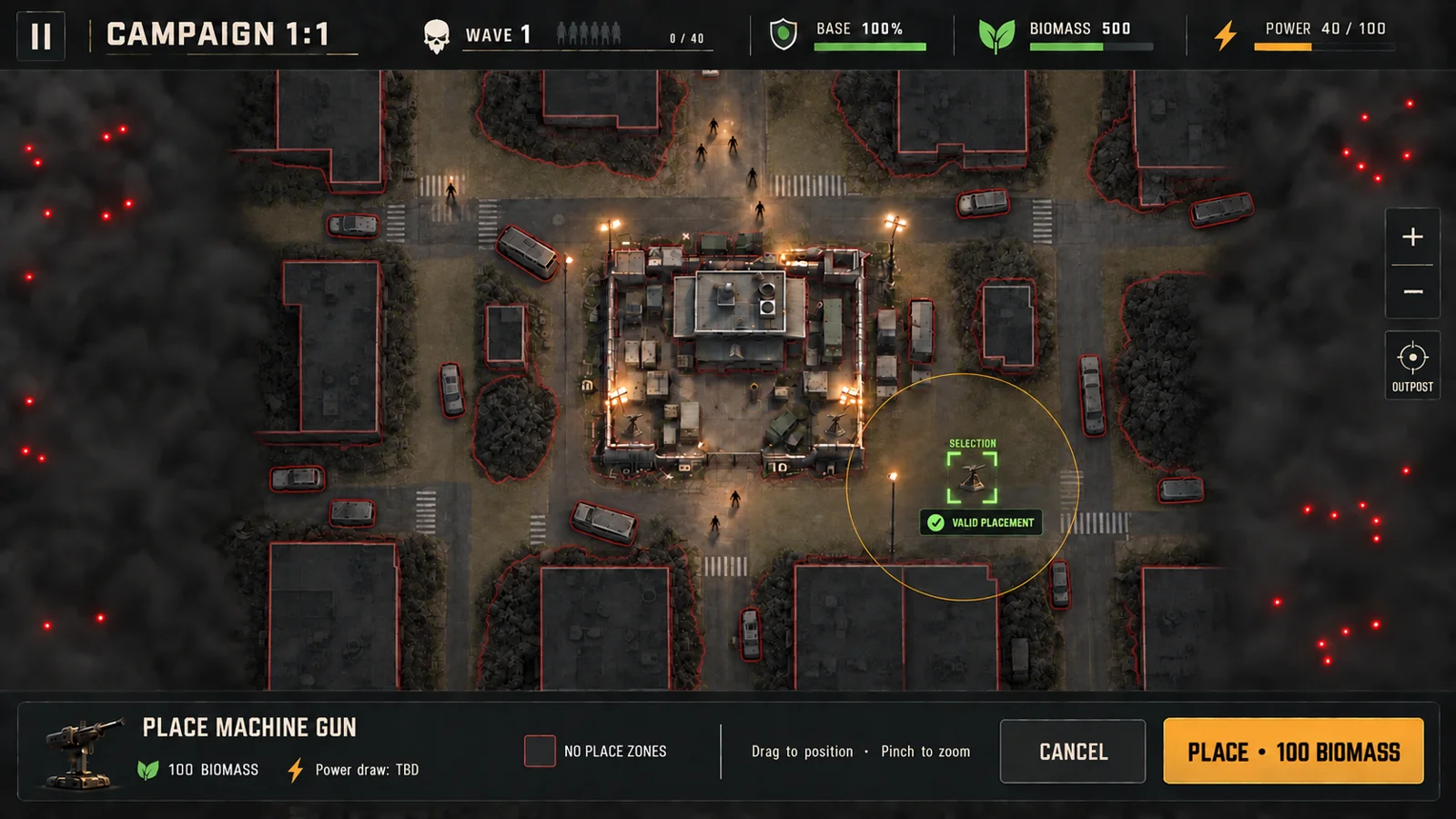 Concept artwork of a maintained outpost and tactical placement preview in a landscape mobile view